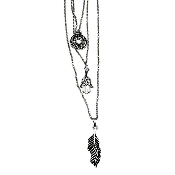 Layered Antique Silver Pendant Necklace With Compass Hamsa Hand & Feather Charms - Picture 10 of 12